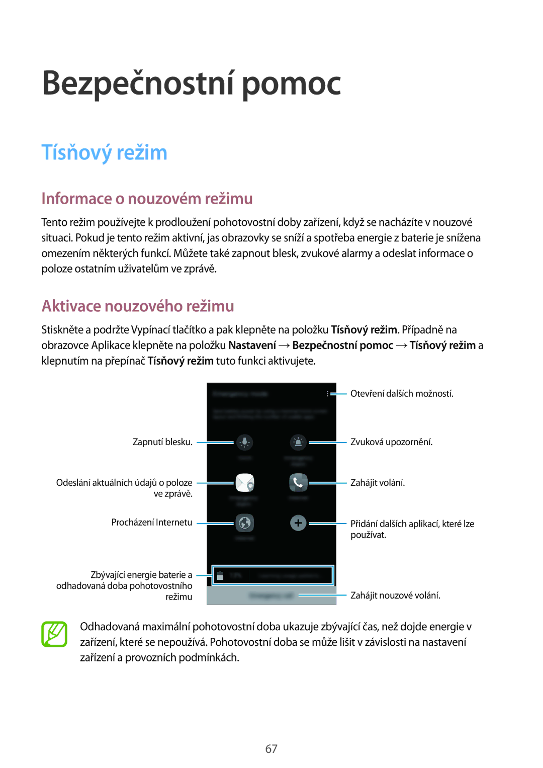 Samsung SM-A300FZKDATO manual Bezpečnostní pomoc, Tísňový režim, Informace o nouzovém režimu, Aktivace nouzového režimu 