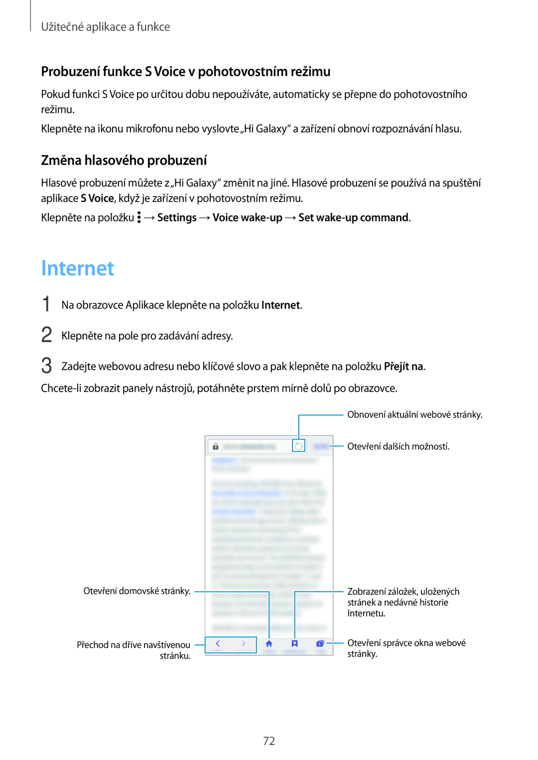 Samsung SM-A300FZDUETL manual Internet, Probuzení funkce S Voice v pohotovostním režimu, Změna hlasového probuzení 