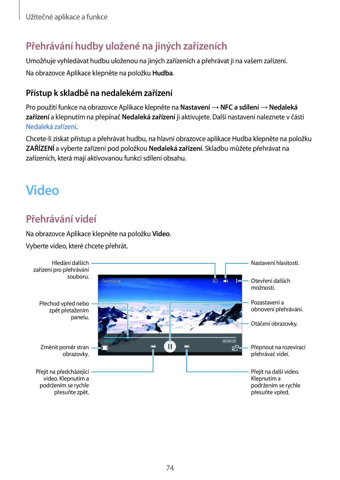 Samsung SM-A300FZWDETL, SM-A300FZKDROM manual Video, Přehrávání hudby uložené na jiných zařízeních, Přehrávání videí 