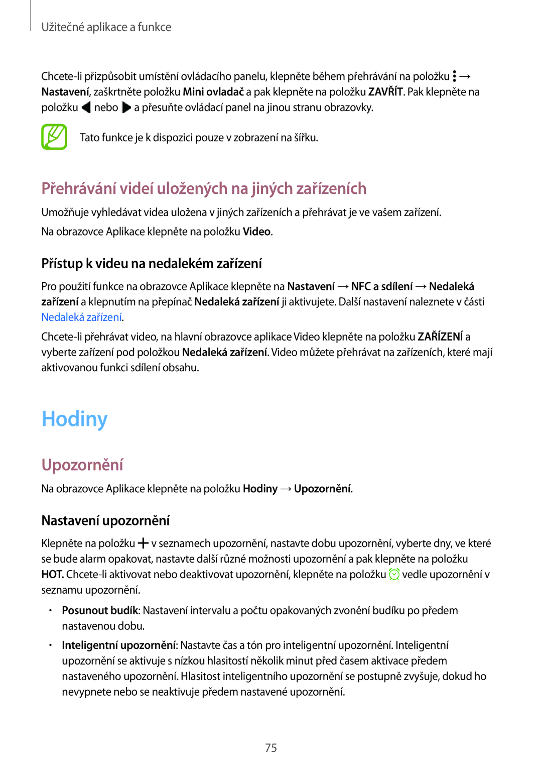 Samsung SM-A300FZWDAUT manual Hodiny, Přehrávání videí uložených na jiných zařízeních, Upozornění, Nastavení upozornění 