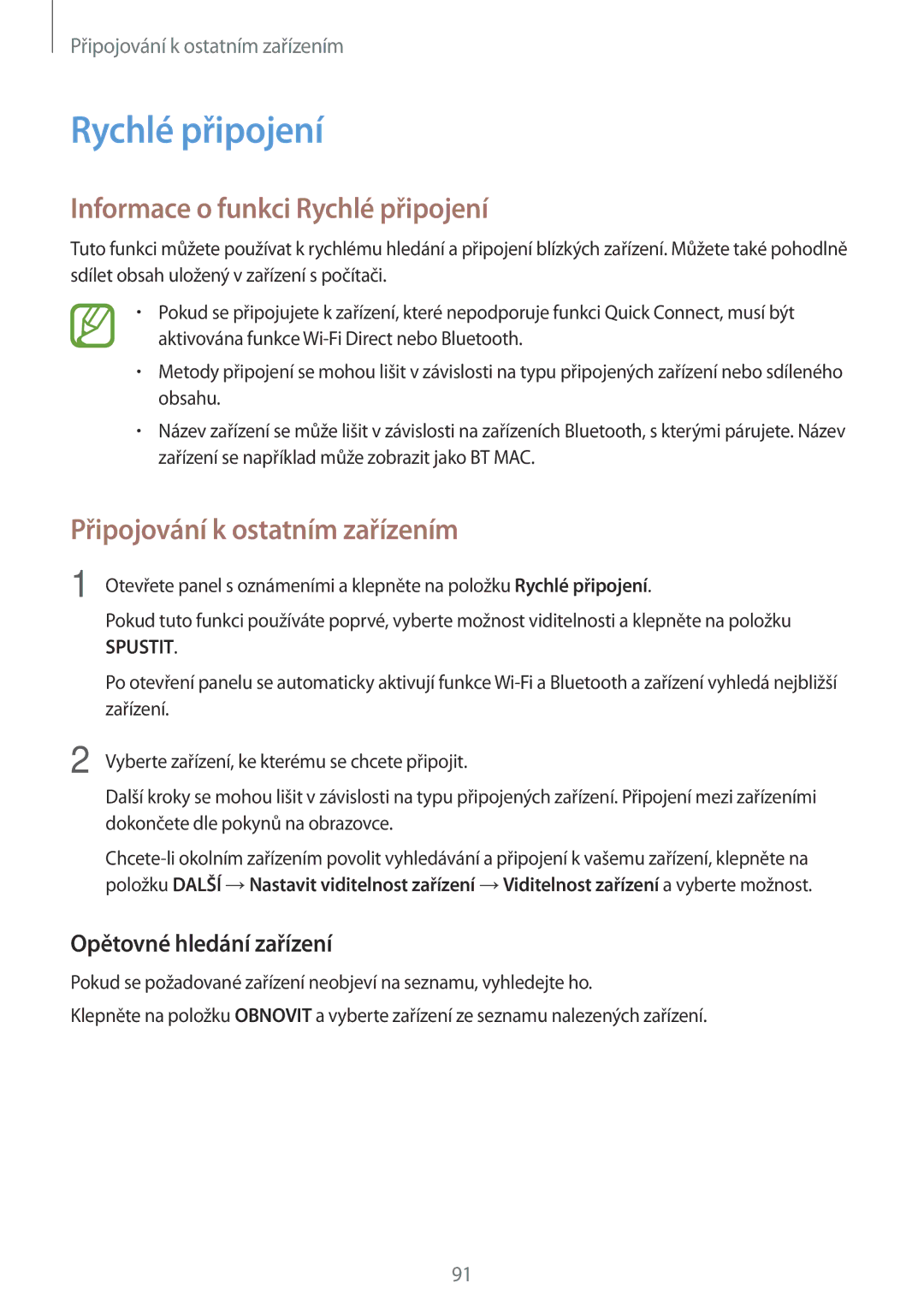 Samsung SM-A300FZKDROM, SM-A300FZWDROM, SM-A300FZKDATO Informace o funkci Rychlé připojení, Opětovné hledání zařízení 