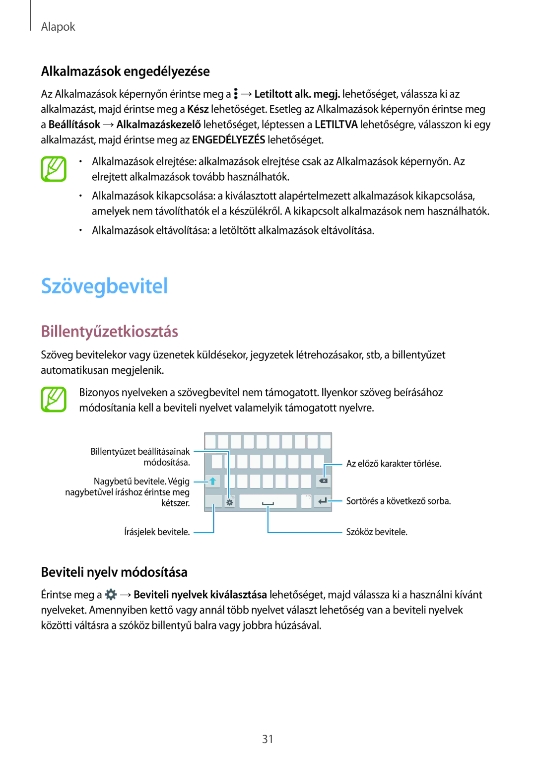 Samsung SM-A300FZDDATO manual Szövegbevitel, Billentyűzetkiosztás, Alkalmazások engedélyezése, Beviteli nyelv módosítása 