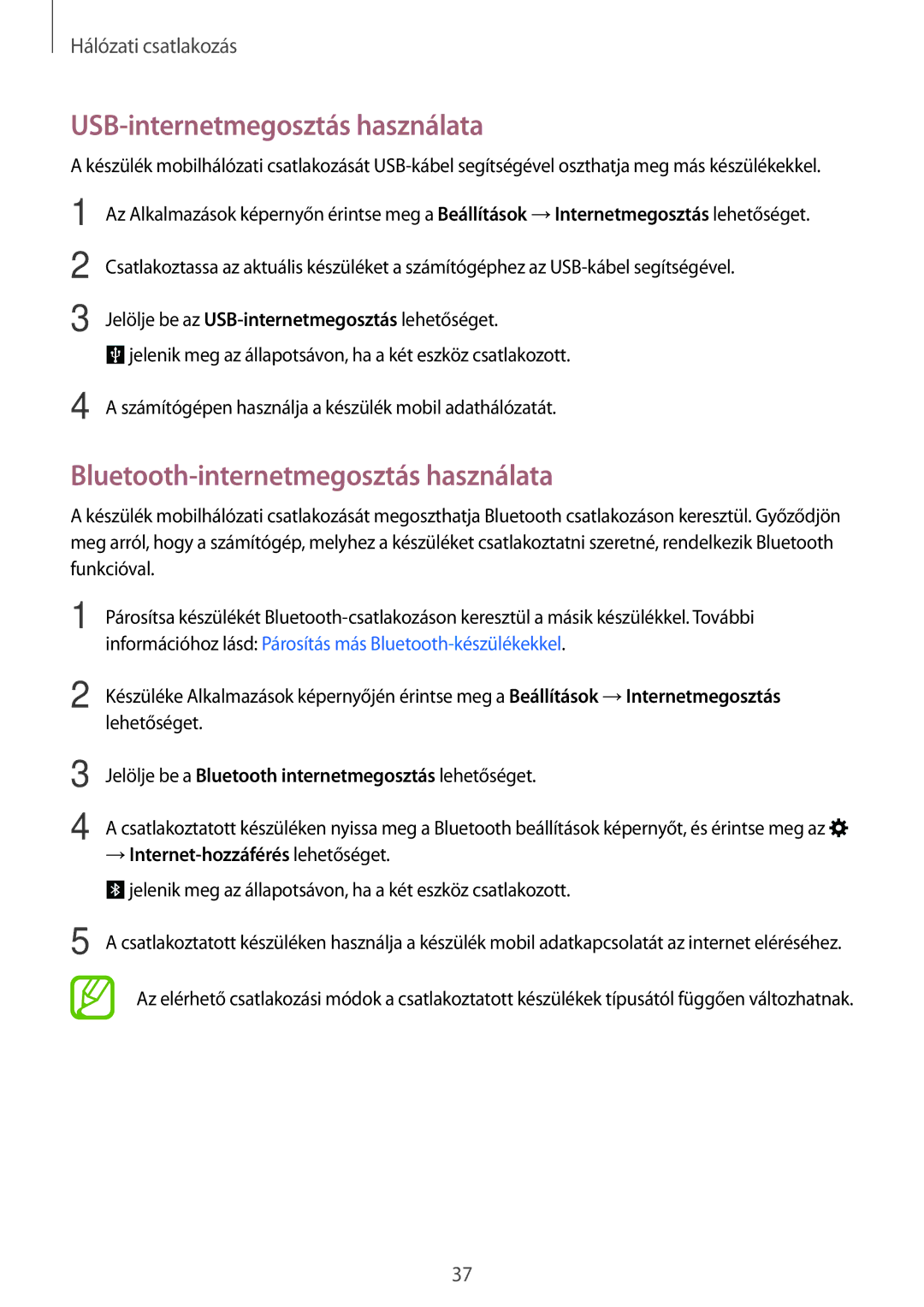 Samsung SM-A300FZWDROM, SM-A300FZKDROM manual USB-internetmegosztás használata, Bluetooth-internetmegosztás használata 