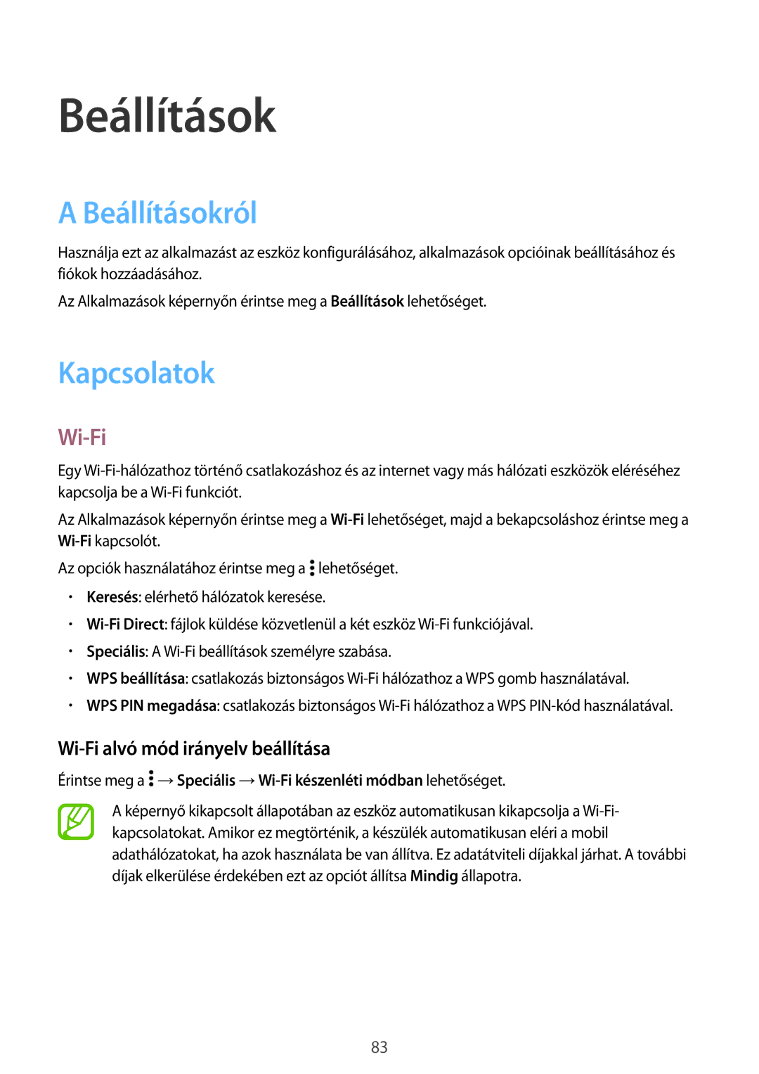 Samsung SM2A300FZKDETL, SM-A300FZKDROM manual Beállításokról, Kapcsolatok, Wi-Fi alvó mód irányelv beállítása 