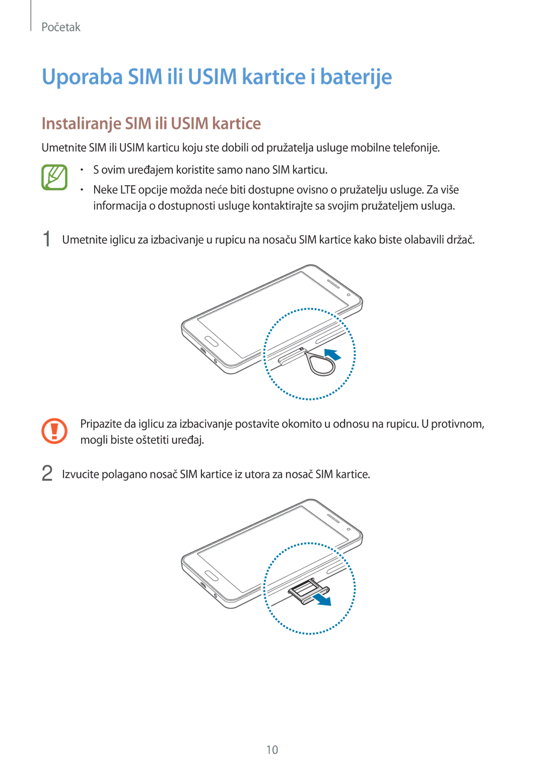 Samsung SM-A300FZWDSEE, SM-A300FZKDSEE manual Uporaba SIM ili Usim kartice i baterije, Instaliranje SIM ili Usim kartice 