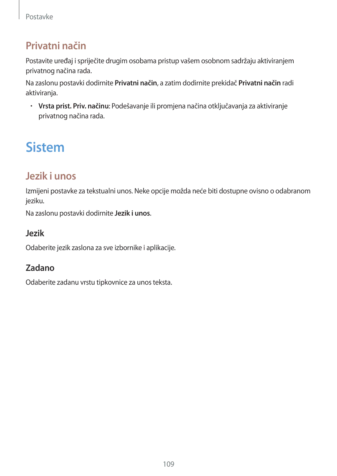 Samsung SM-A300FZWDSEE, SM-A300FZKDSEE, SM-A300FZWUSEE manual Sistem, Privatni način, Jezik i unos, Zadano 