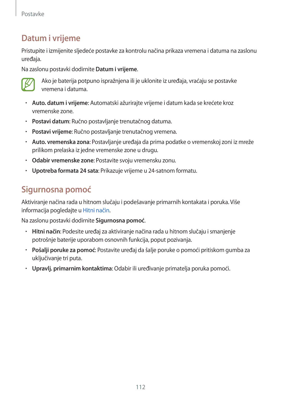 Samsung SM-A300FZWDSEE, SM-A300FZKDSEE, SM-A300FZWUSEE manual Datum i vrijeme, Sigurnosna pomoć 