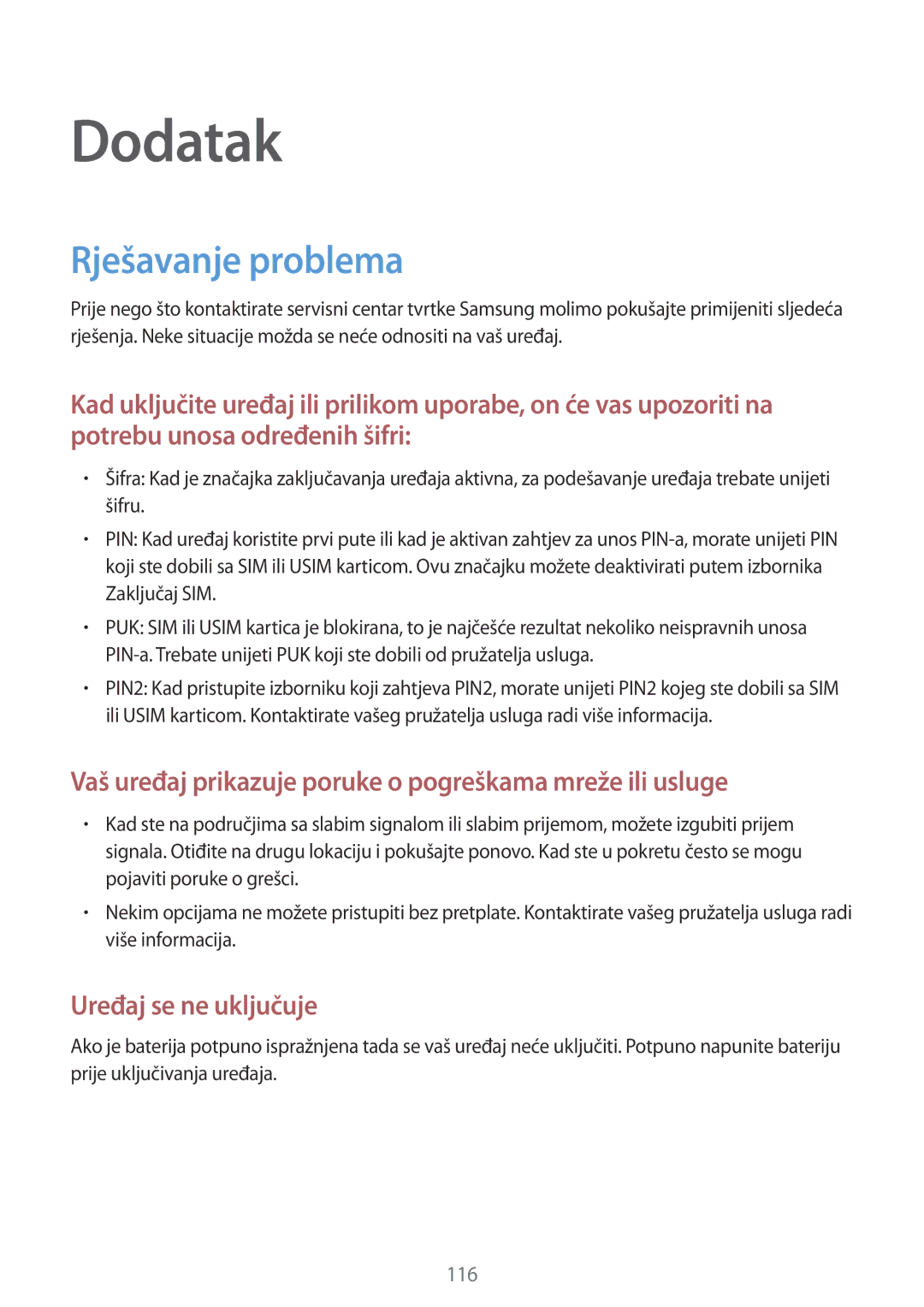 Samsung SM-A300FZWUSEE, SM-A300FZKDSEE, SM-A300FZWDSEE manual Dodatak, Rješavanje problema 