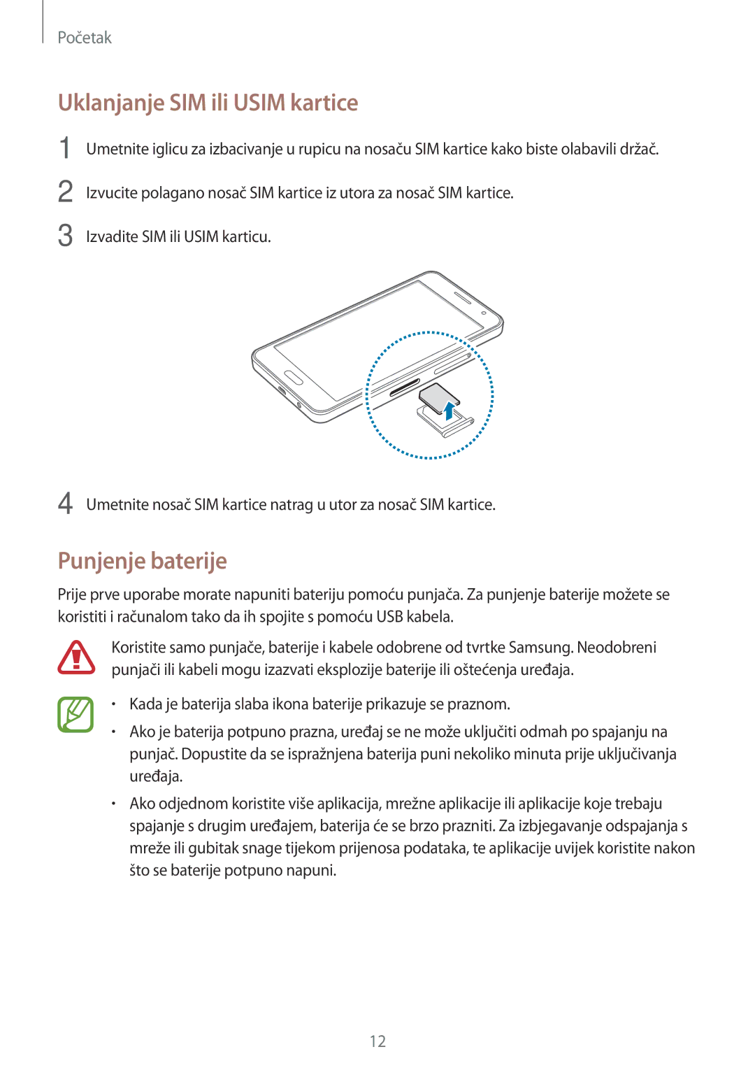 Samsung SM-A300FZKDSEE, SM-A300FZWDSEE, SM-A300FZWUSEE manual Uklanjanje SIM ili Usim kartice, Punjenje baterije 