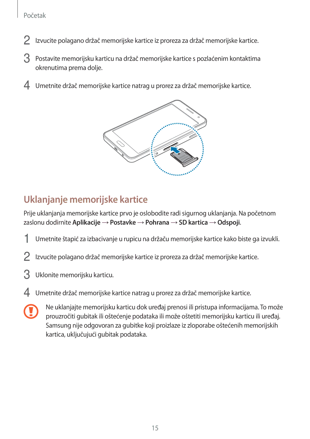 Samsung SM-A300FZKDSEE, SM-A300FZWDSEE, SM-A300FZWUSEE manual Uklanjanje memorijske kartice 