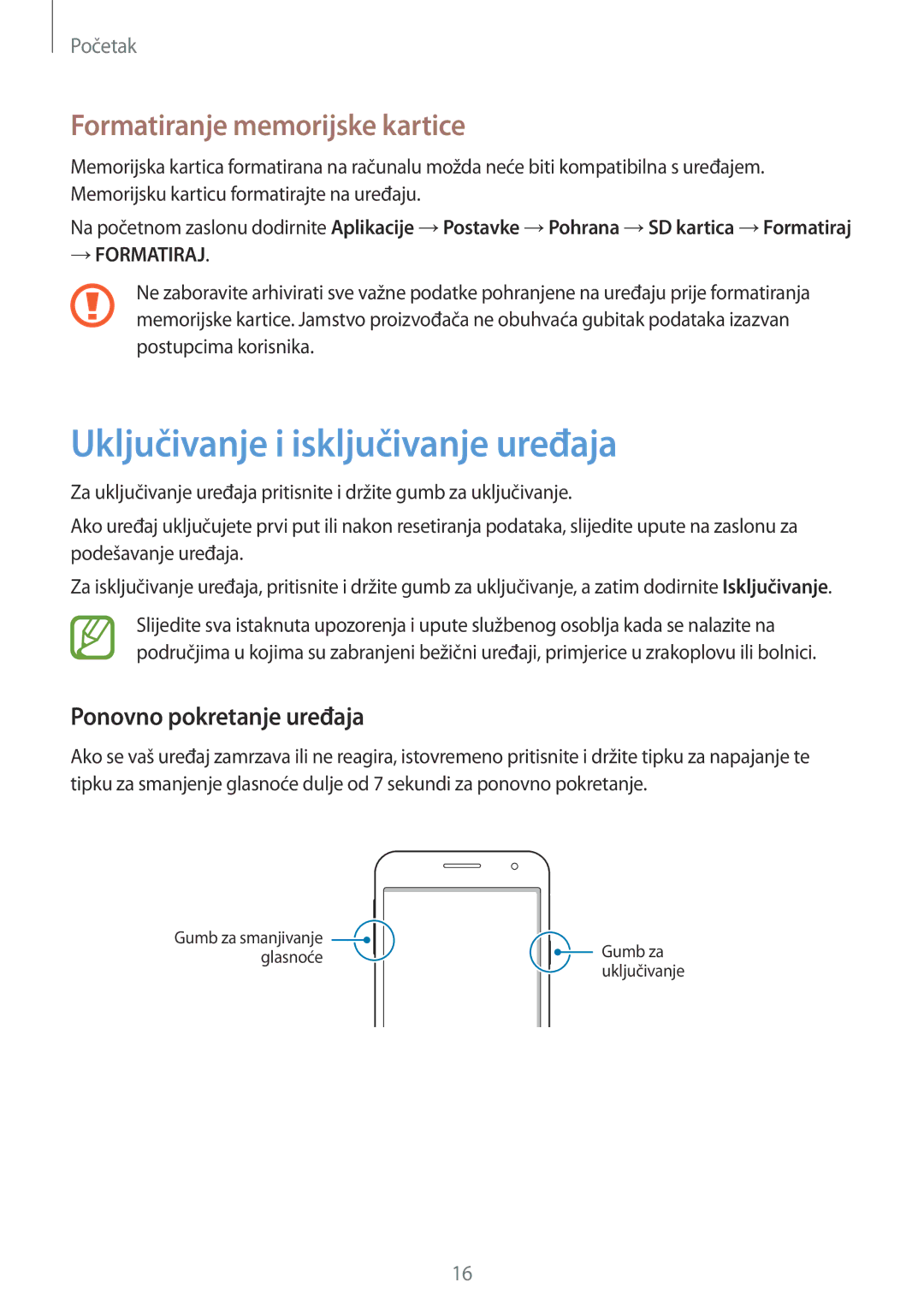 Samsung SM-A300FZWDSEE Uključivanje i isključivanje uređaja, Formatiranje memorijske kartice, Ponovno pokretanje uređaja 