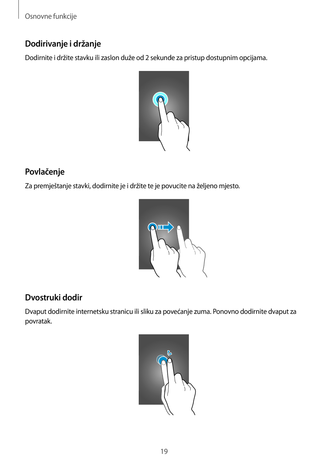 Samsung SM-A300FZWDSEE, SM-A300FZKDSEE, SM-A300FZWUSEE manual Dodirivanje i držanje, Povlačenje, Dvostruki dodir 