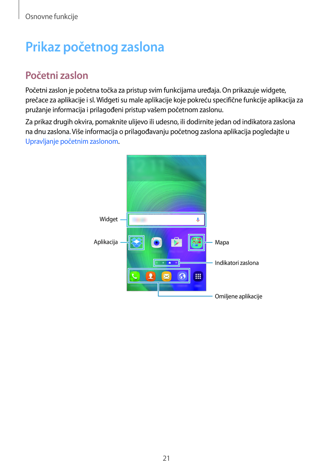 Samsung SM-A300FZKDSEE, SM-A300FZWDSEE, SM-A300FZWUSEE manual Prikaz početnog zaslona, Početni zaslon 