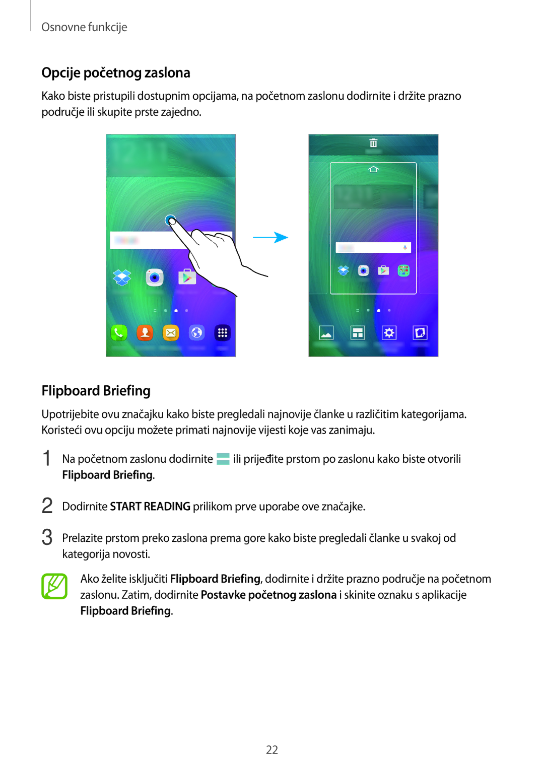 Samsung SM-A300FZWDSEE, SM-A300FZKDSEE, SM-A300FZWUSEE manual Opcije početnog zaslona, Flipboard Briefing 