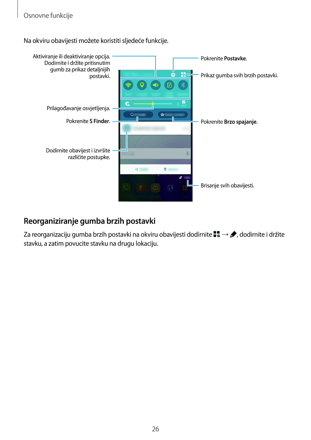 Samsung SM-A300FZWUSEE manual Reorganiziranje gumba brzih postavki, Na okviru obavijesti možete koristiti sljedeće funkcije 