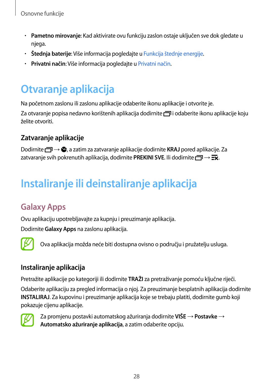 Samsung SM-A300FZWDSEE, SM-A300FZKDSEE manual Otvaranje aplikacija, Instaliranje ili deinstaliranje aplikacija, Galaxy Apps 