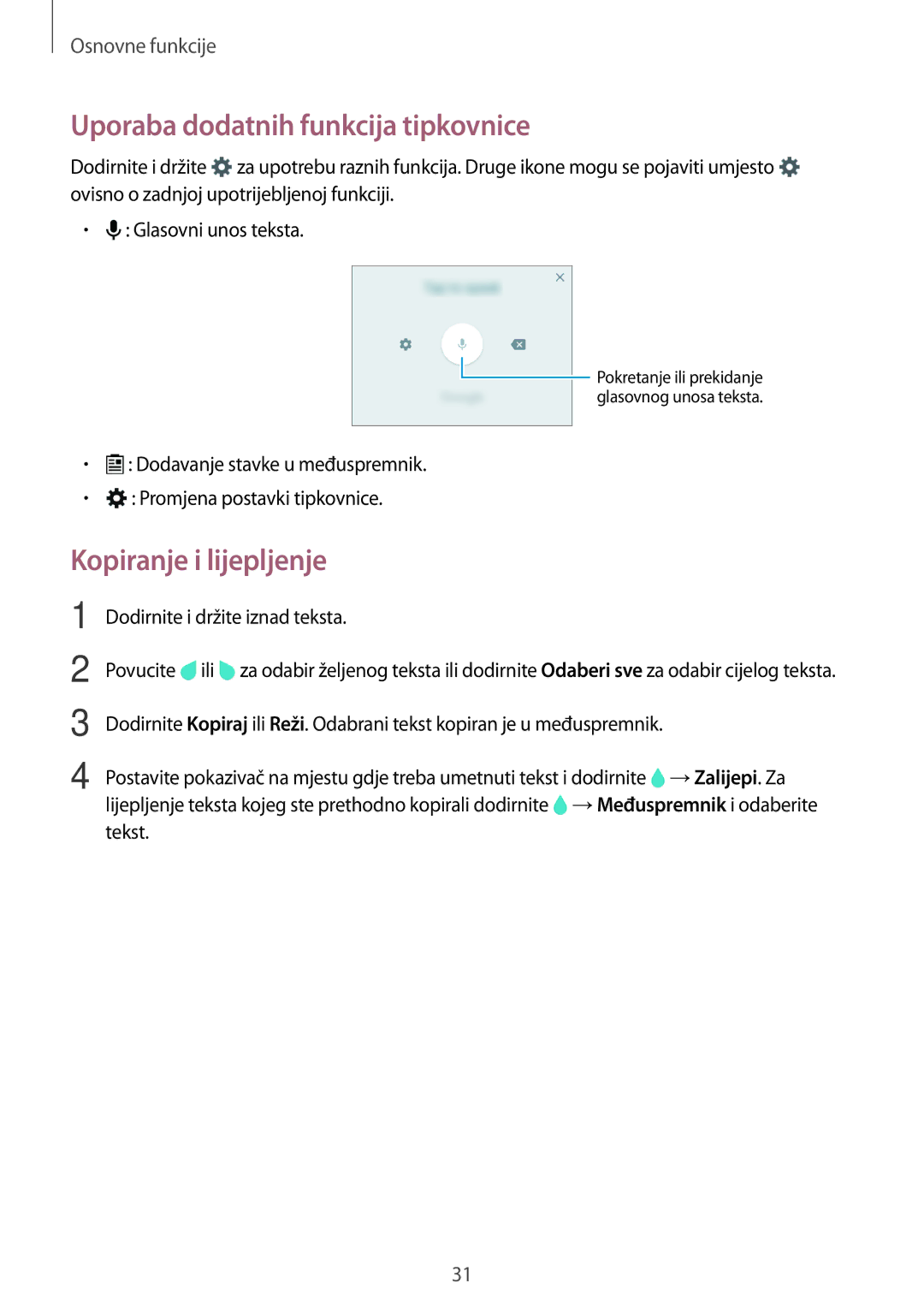 Samsung SM-A300FZWDSEE, SM-A300FZKDSEE, SM-A300FZWUSEE manual Uporaba dodatnih funkcija tipkovnice, Kopiranje i lijepljenje 