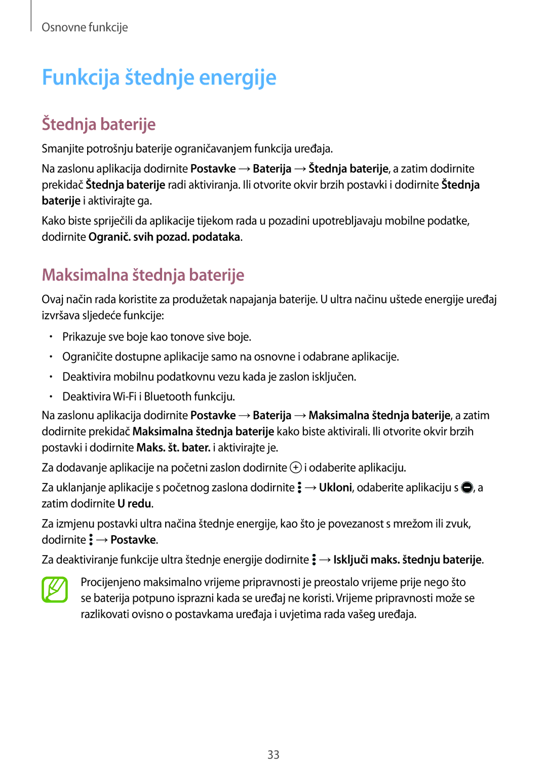 Samsung SM-A300FZKDSEE, SM-A300FZWDSEE manual Funkcija štednje energije, Štednja baterije, Maksimalna štednja baterije 