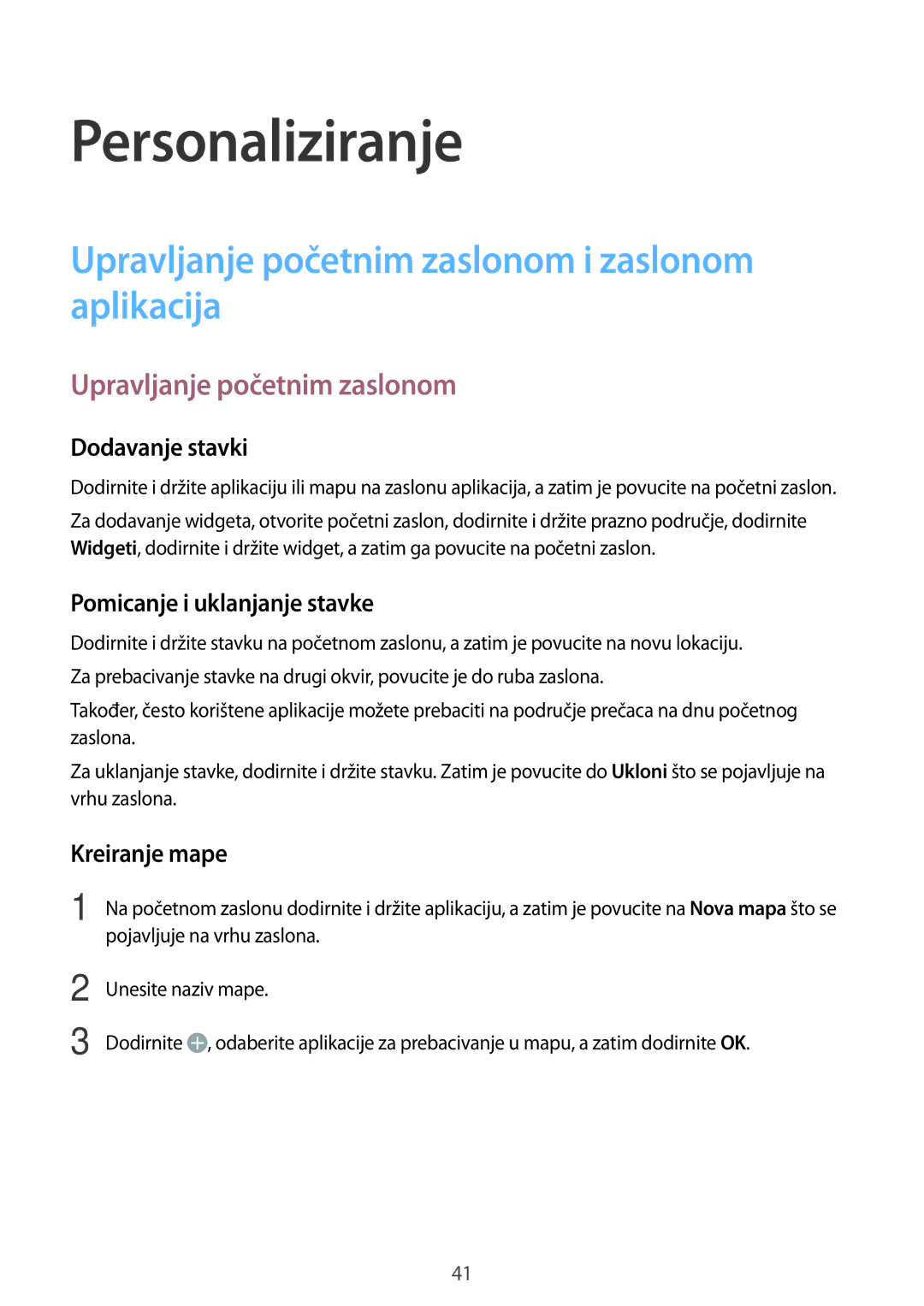 Samsung SM-A300FZWUSEE, SM-A300FZKDSEE manual Personaliziranje, Upravljanje početnim zaslonom i zaslonom aplikacija 