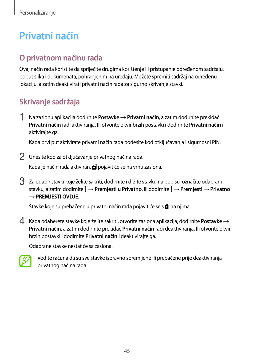 Samsung SM-A300FZKDSEE, SM-A300FZWDSEE, SM-A300FZWUSEE manual Privatni način, Privatnom načinu rada, Skrivanje sadržaja 