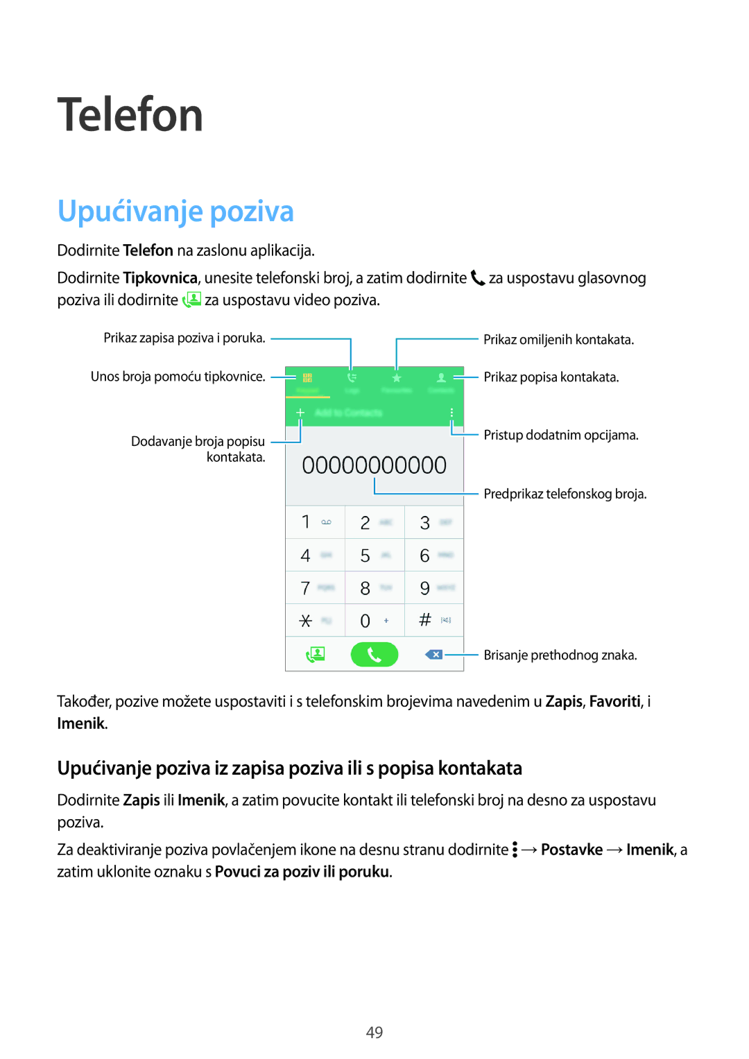 Samsung SM-A300FZWDSEE, SM-A300FZKDSEE manual Telefon, Upućivanje poziva iz zapisa poziva ili s popisa kontakata 