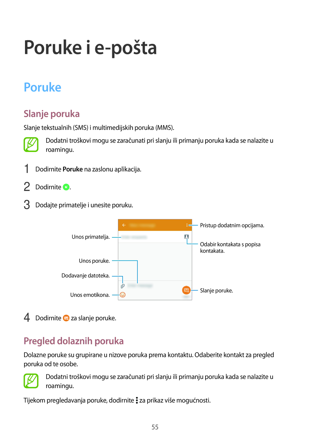 Samsung SM-A300FZWDSEE, SM-A300FZKDSEE, SM-A300FZWUSEE manual Poruke i e-pošta, Slanje poruka, Pregled dolaznih poruka 