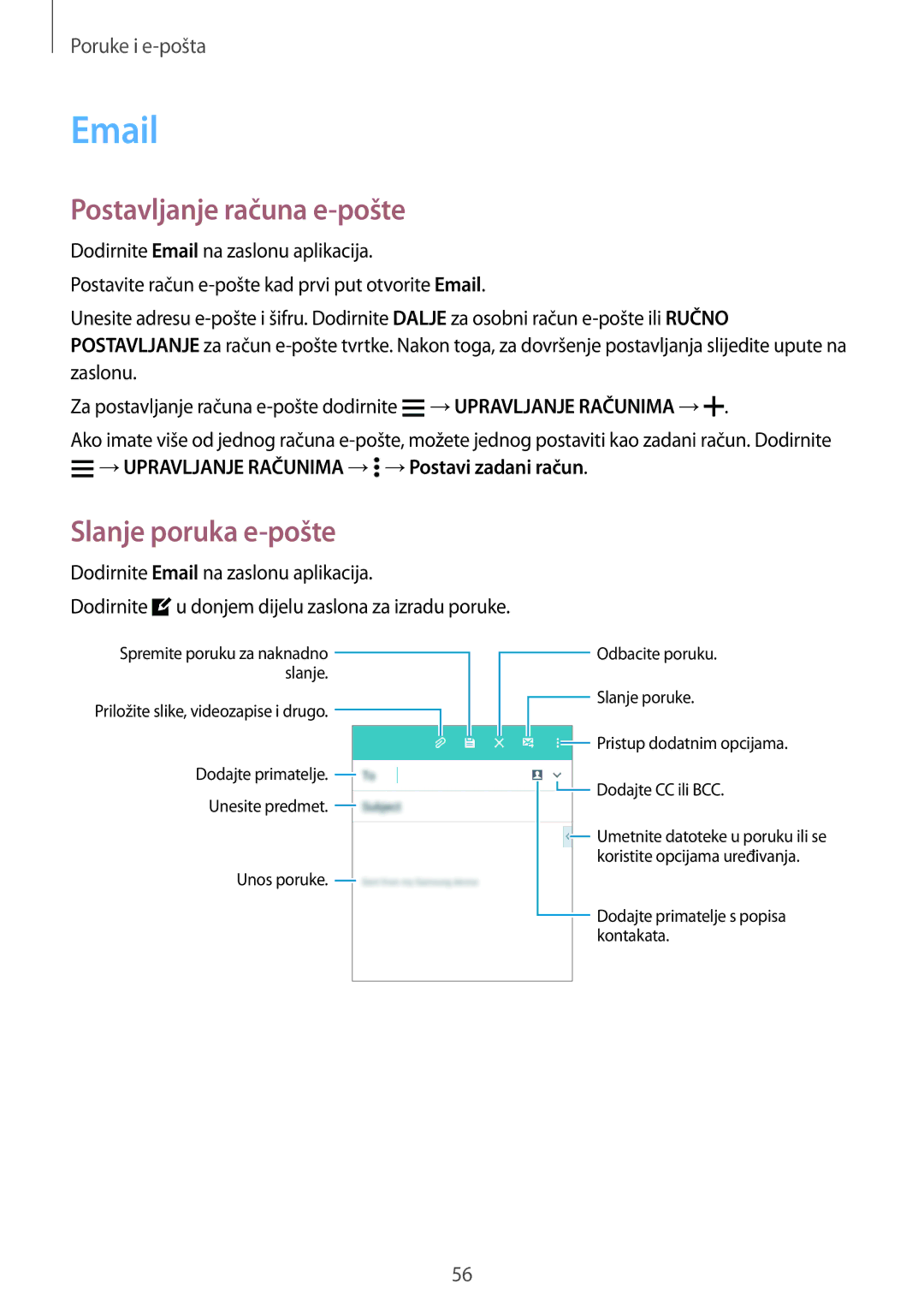 Samsung SM-A300FZWUSEE, SM-A300FZKDSEE, SM-A300FZWDSEE manual Postavljanje računa e-pošte, Slanje poruka e-pošte 