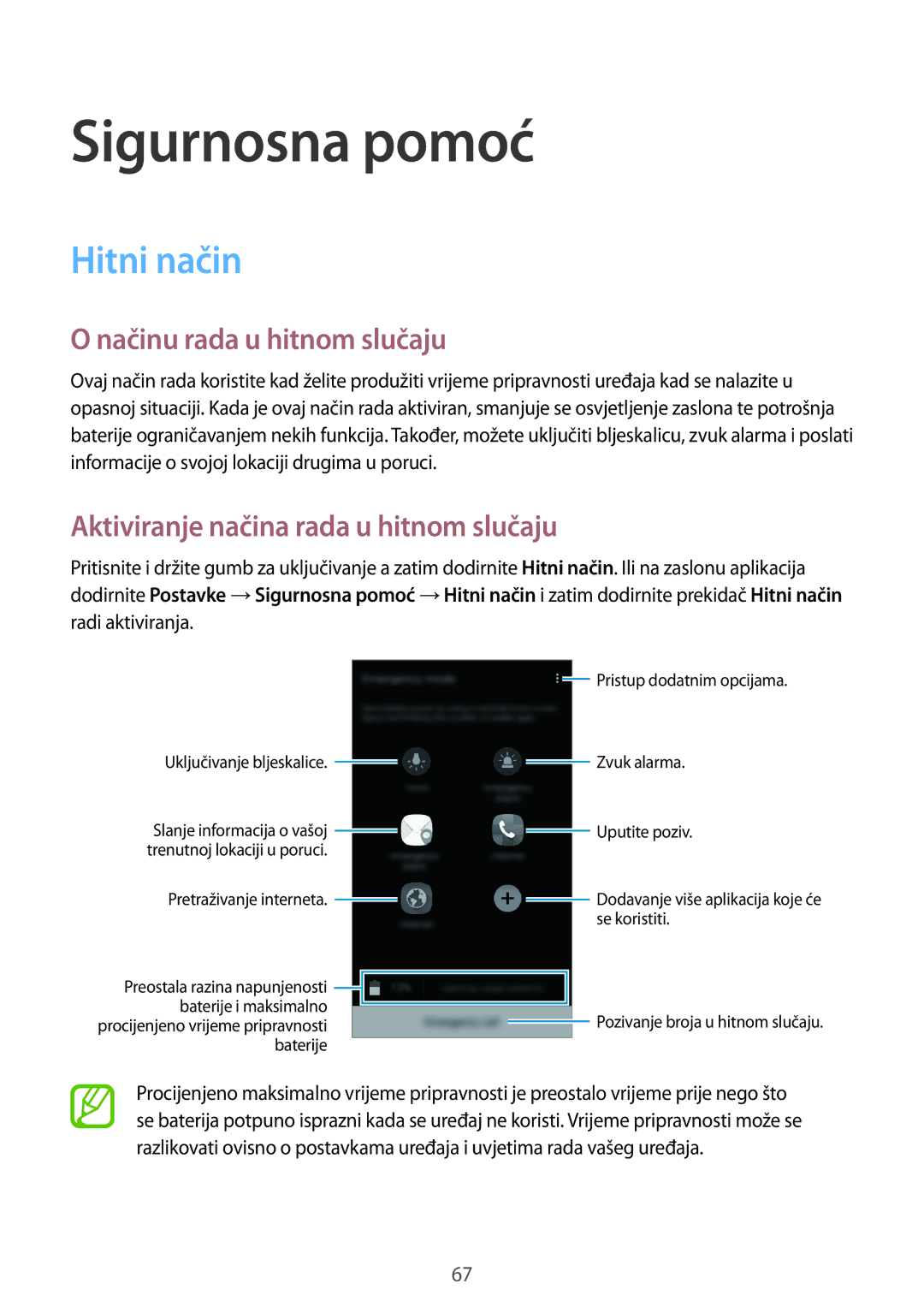 Samsung SM-A300FZWDSEE, SM-A300FZKDSEE, SM-A300FZWUSEE manual Sigurnosna pomoć, Hitni način, Načinu rada u hitnom slučaju 