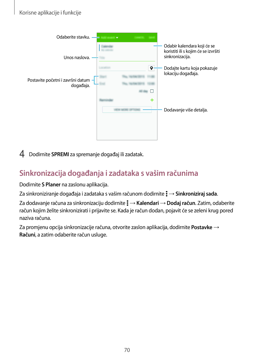 Samsung SM-A300FZWDSEE, SM-A300FZKDSEE Sinkronizacija događanja i zadataka s vašim računima, Korisne aplikacije i funkcije 