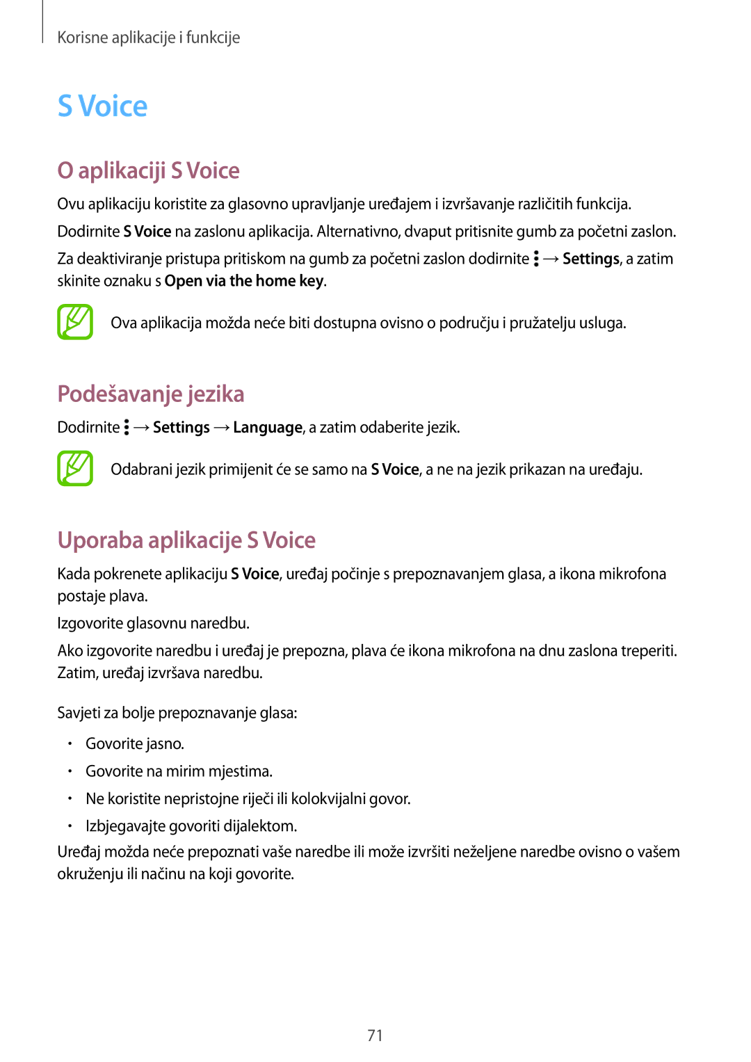 Samsung SM-A300FZWUSEE, SM-A300FZKDSEE manual Aplikaciji S Voice, Podešavanje jezika, Uporaba aplikacije S Voice 