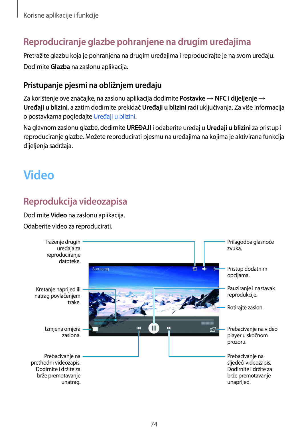 Samsung SM-A300FZWUSEE manual Video, Reproduciranje glazbe pohranjene na drugim uređajima, Reprodukcija videozapisa 