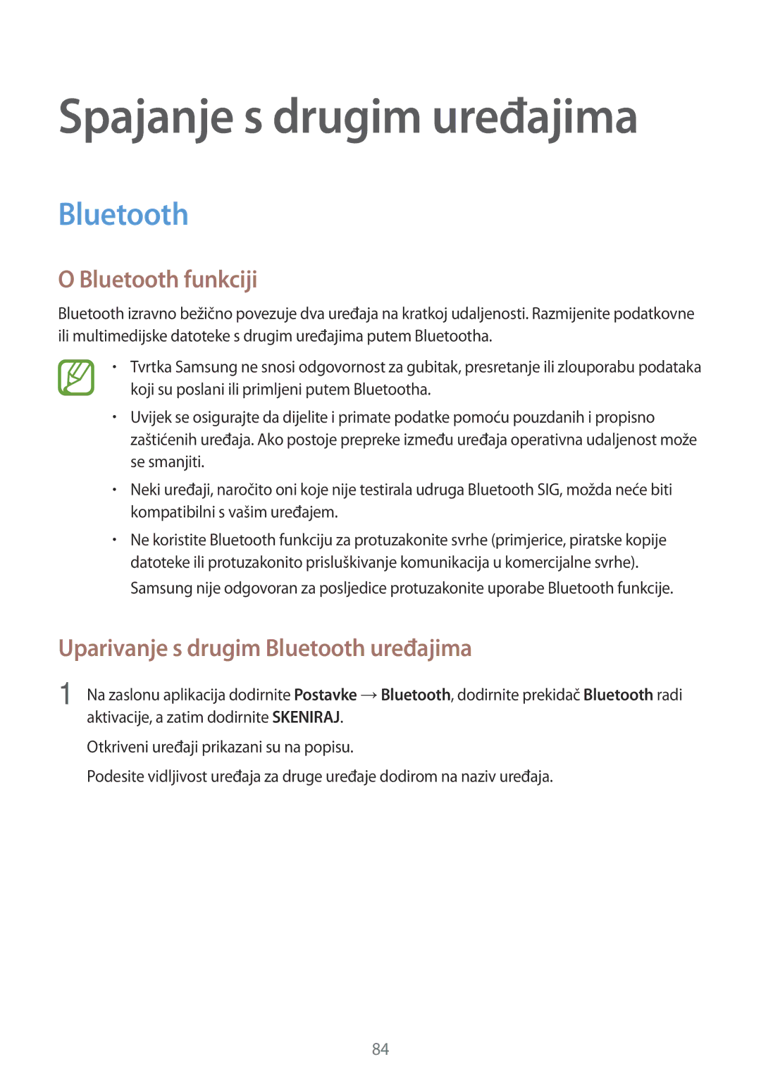 Samsung SM-A300FZKDSEE manual Spajanje s drugim uređajima, Bluetooth funkciji, Uparivanje s drugim Bluetooth uređajima 