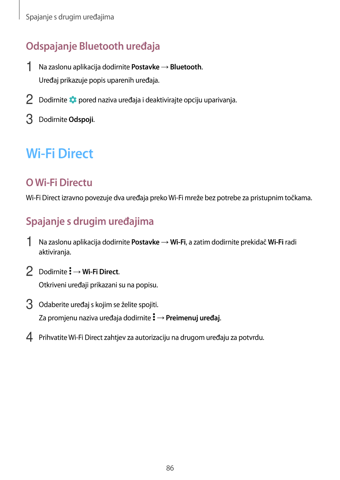 Samsung SM-A300FZWUSEE, SM-A300FZKDSEE manual Odspajanje Bluetooth uređaja, Wi-Fi Directu, Spajanje s drugim uređajima 