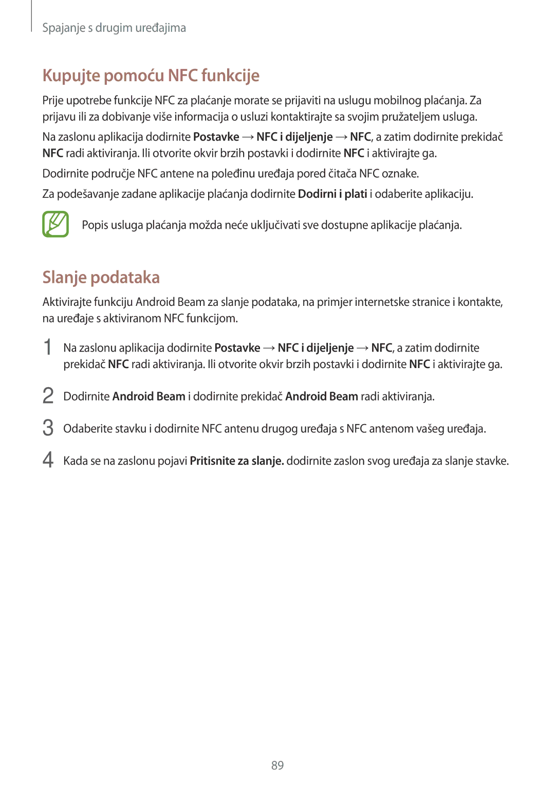 Samsung SM-A300FZWUSEE, SM-A300FZKDSEE, SM-A300FZWDSEE manual Kupujte pomoću NFC funkcije, Slanje podataka 