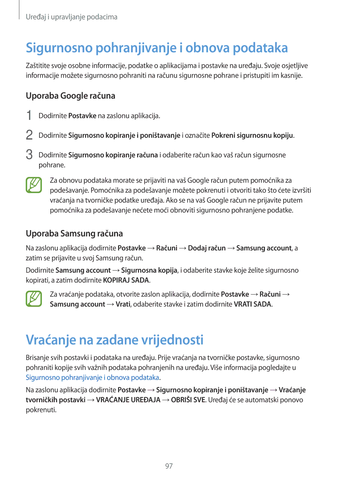 Samsung SM-A300FZWDSEE Sigurnosno pohranjivanje i obnova podataka, Vraćanje na zadane vrijednosti, Uporaba Google računa 