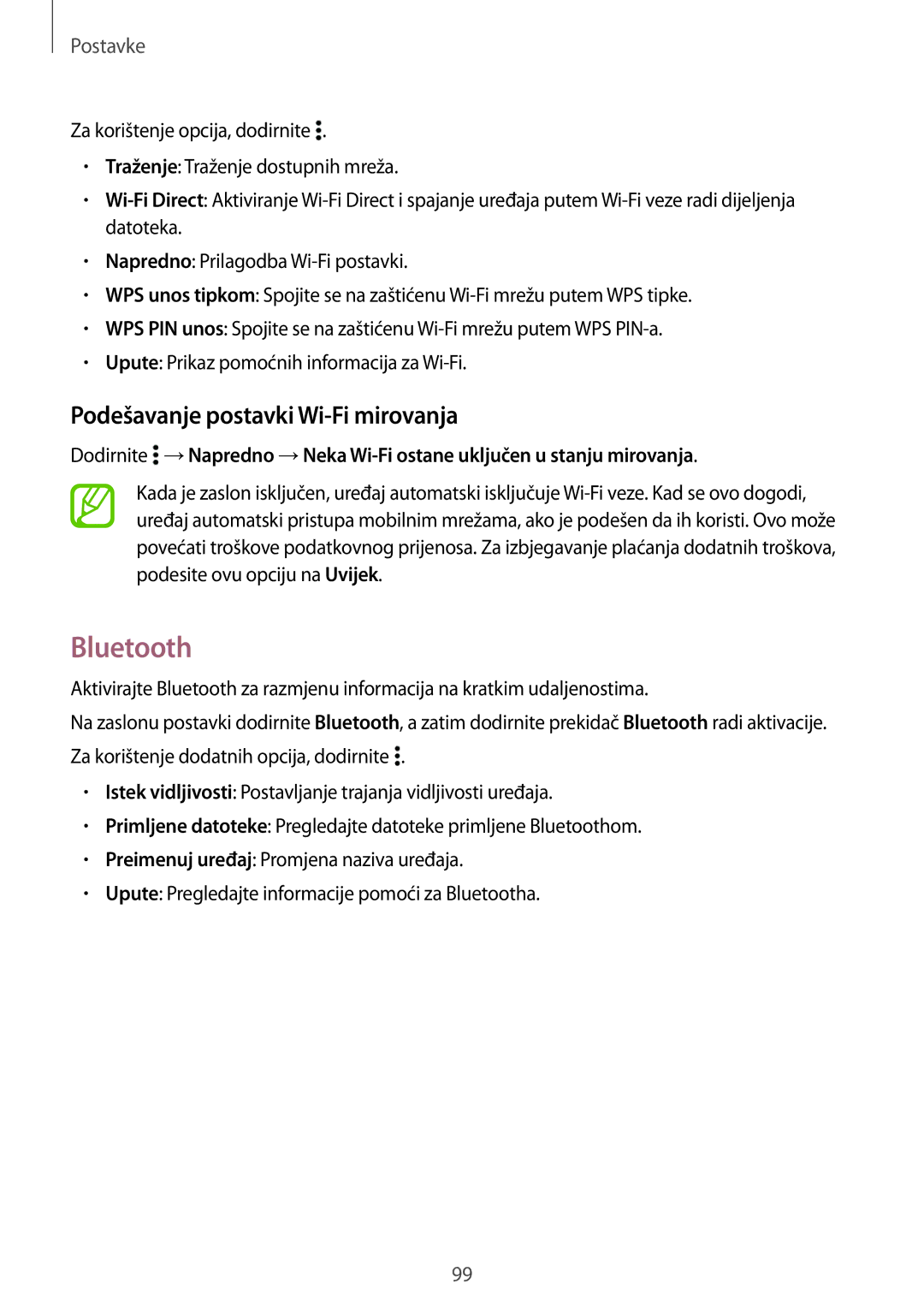 Samsung SM-A300FZKDSEE, SM-A300FZWDSEE, SM-A300FZWUSEE manual Bluetooth, Podešavanje postavki Wi-Fi mirovanja 
