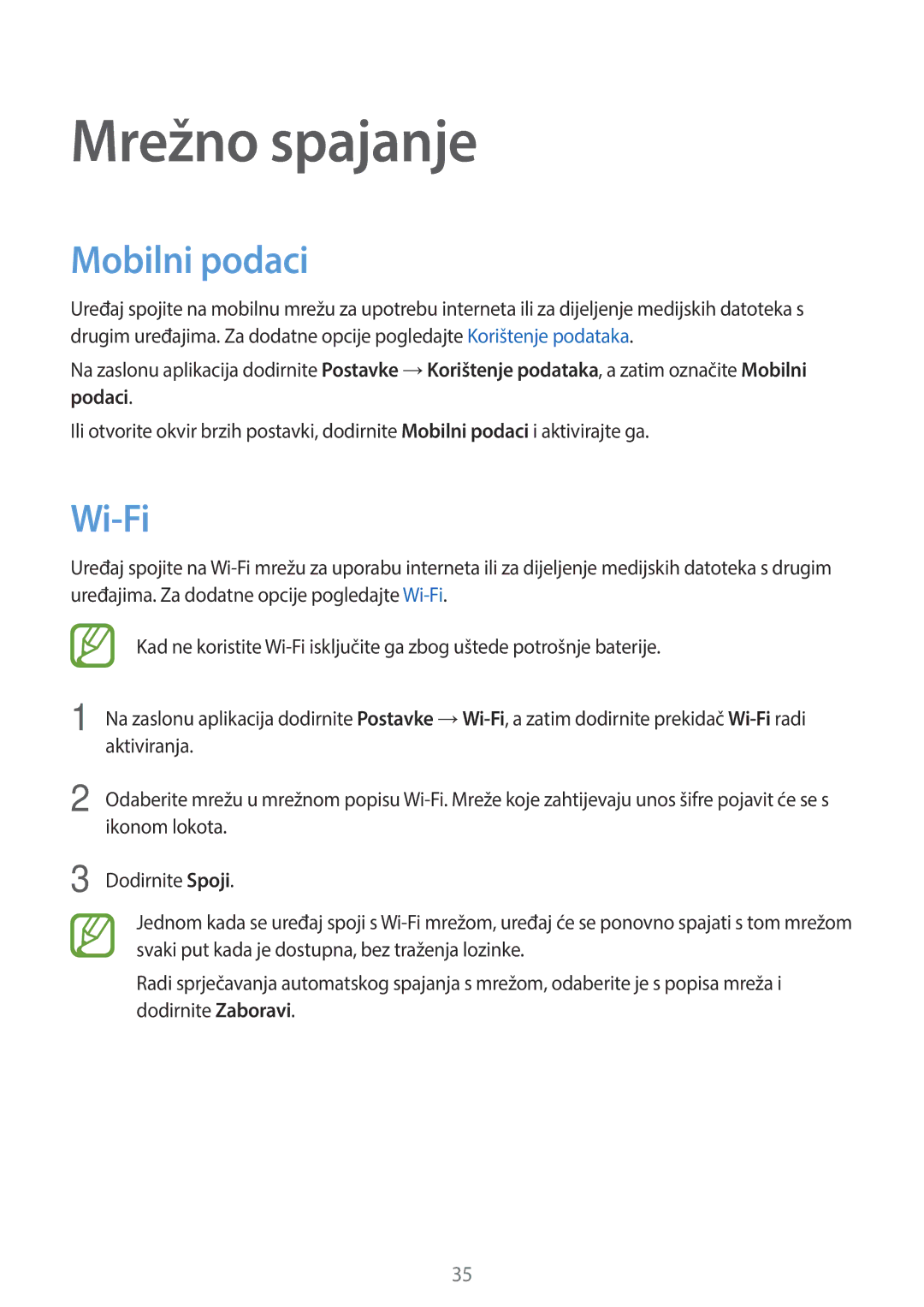 Samsung SM-A300FZWUSEE, SM-A300FZKDSEE, SM-A300FZWDSEE manual Mrežno spajanje, Mobilni podaci, Wi-Fi 