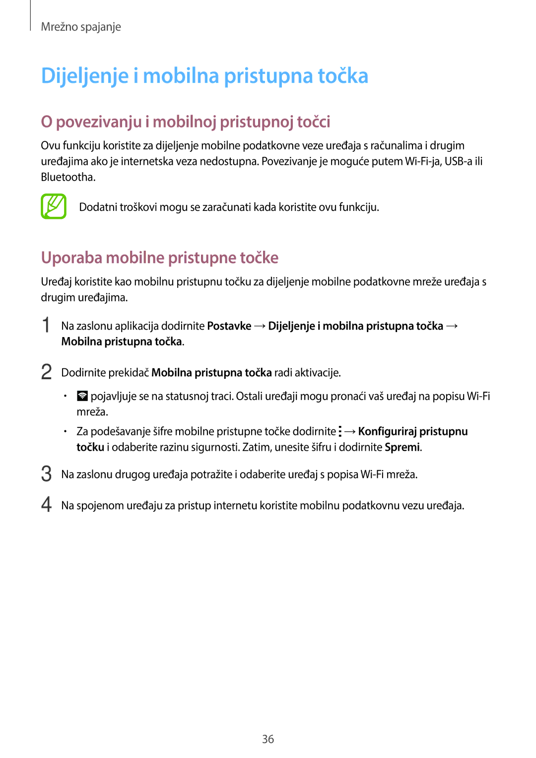 Samsung SM-A300FZKDSEE, SM-A300FZWDSEE manual Dijeljenje i mobilna pristupna točka, Povezivanju i mobilnoj pristupnoj točci 