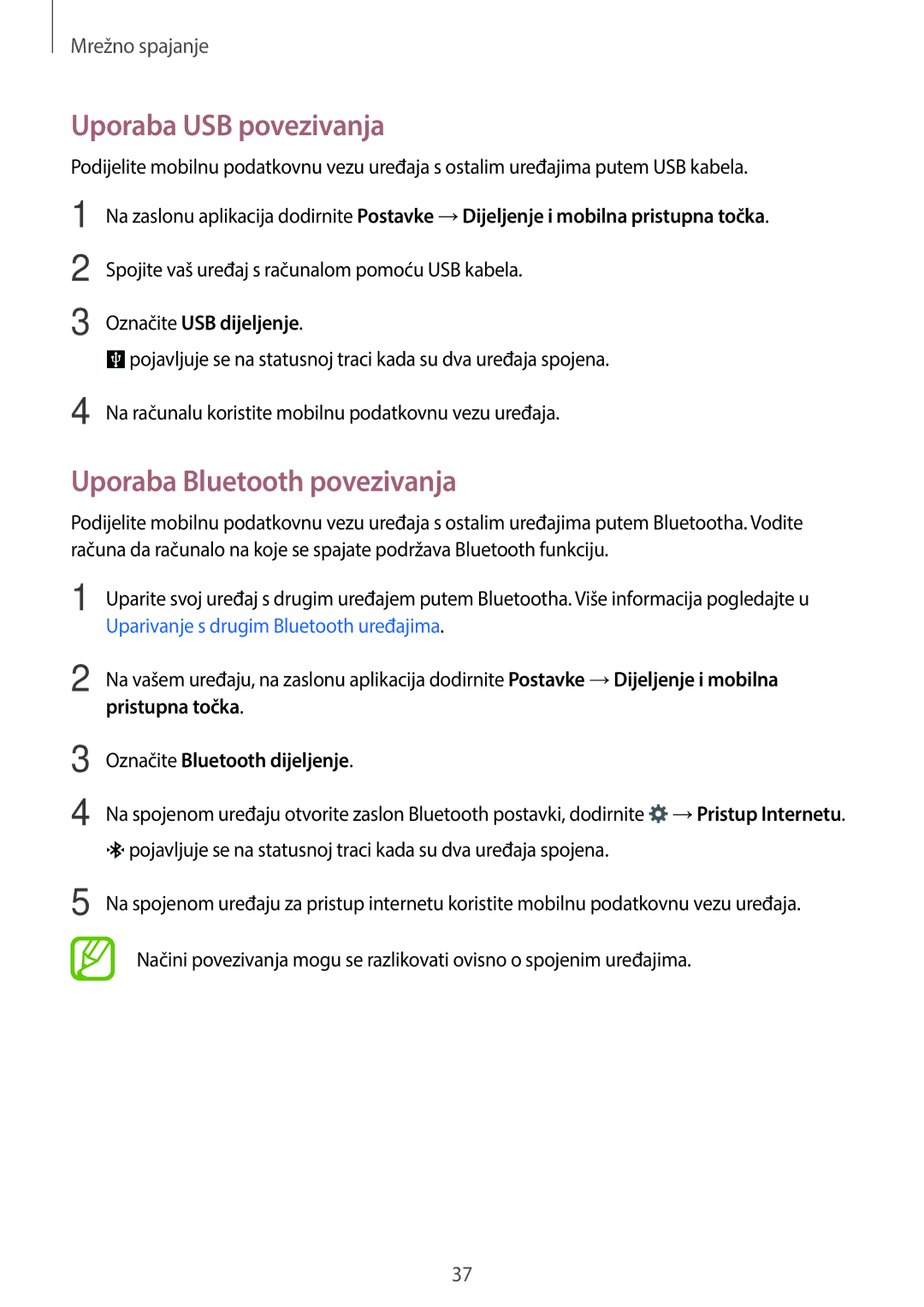 Samsung SM-A300FZWDSEE, SM-A300FZKDSEE Uporaba USB povezivanja, Uporaba Bluetooth povezivanja, Označite USB dijeljenje 