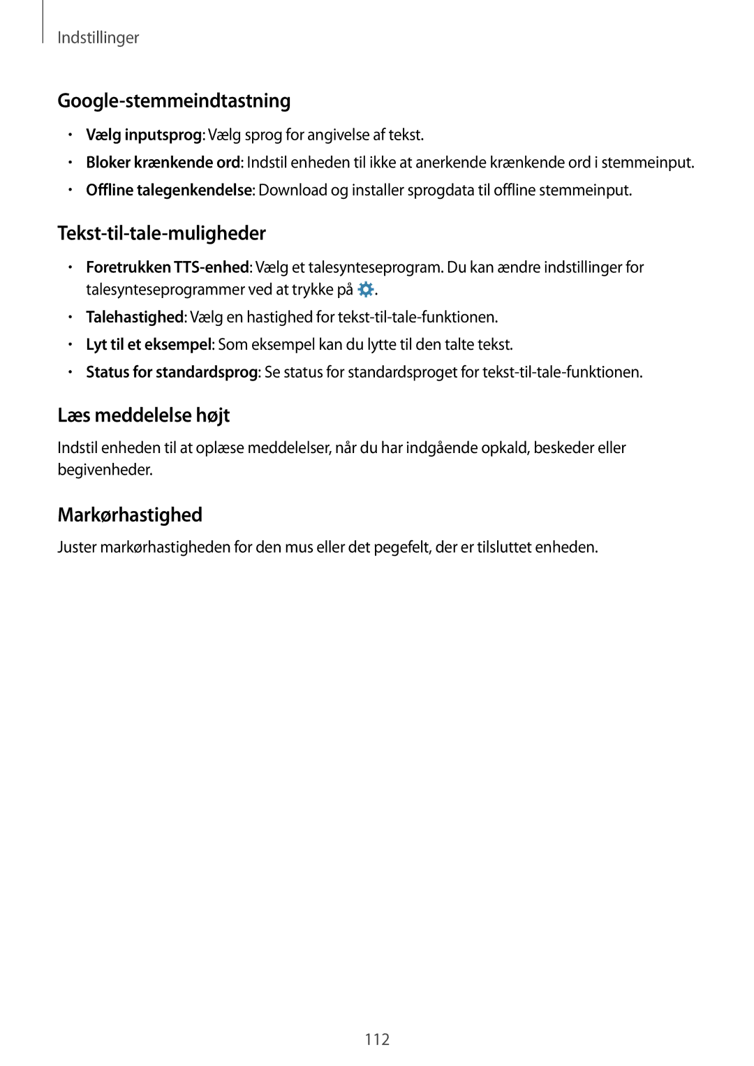Samsung SM-A300FZWANEE manual Google-stemmeindtastning, Tekst-til-tale-muligheder, Læs meddelelse højt, Markørhastighed 