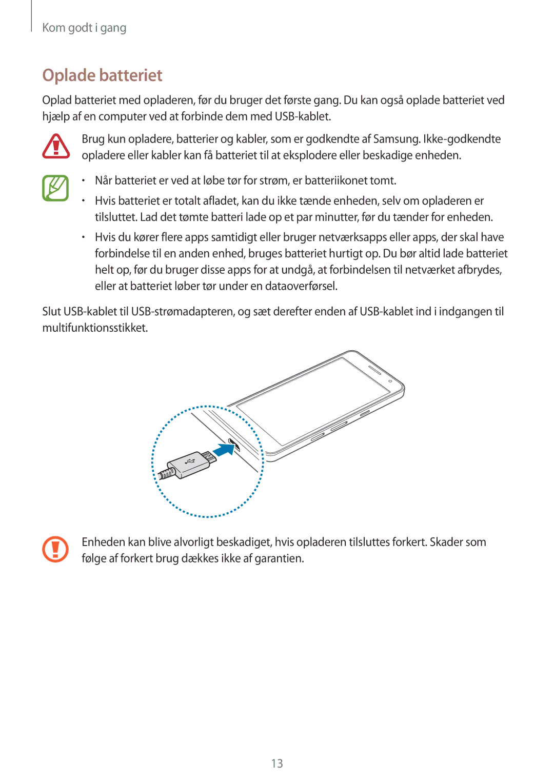 Samsung SM-A300FZWUNEE, SM-A300FZKUNEE, SM-A300FZWUTEN, SM-A300FZSUNEE, SM-A300FZBUNEE, SM-A300FZSUTEN manual Oplade batteriet 