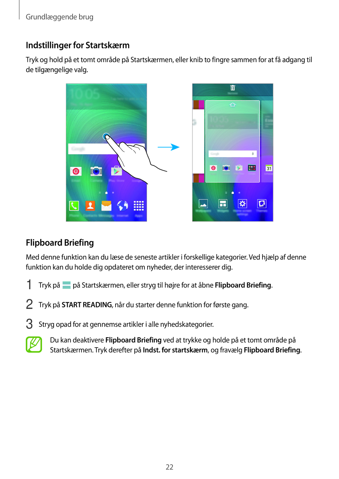Samsung SM-A300FZKUHTS, SM-A300FZKUNEE, SM-A300FZWUTEN, SM-A300FZSUNEE manual Indstillinger for Startskærm, Flipboard Briefing 