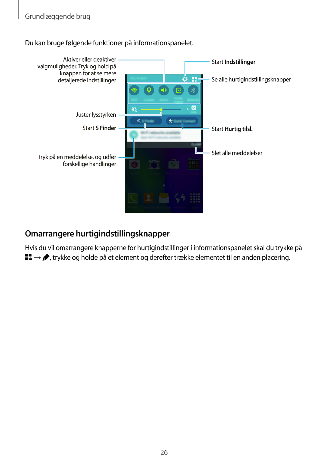 Samsung SM-A300FZDUNEE Omarrangere hurtigindstillingsknapper, Du kan bruge følgende funktioner på informationspanelet 