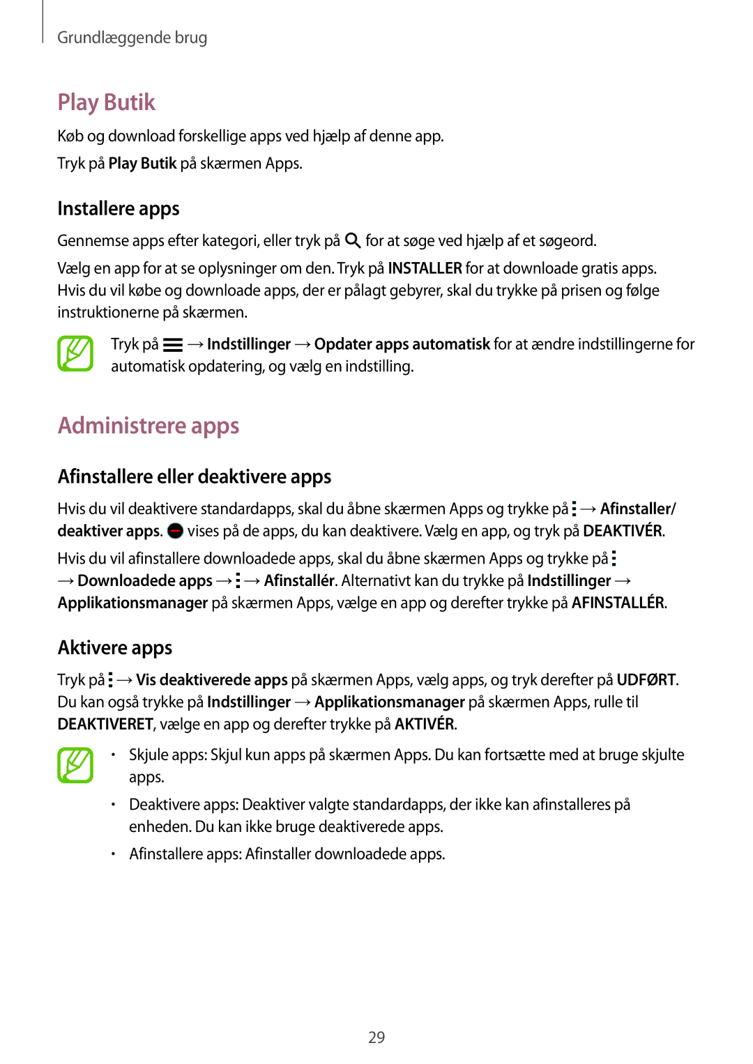Samsung SM-A300FZIUNEE, SM-A300FZKUNEE Play Butik, Administrere apps, Afinstallere eller deaktivere apps, Aktivere apps 