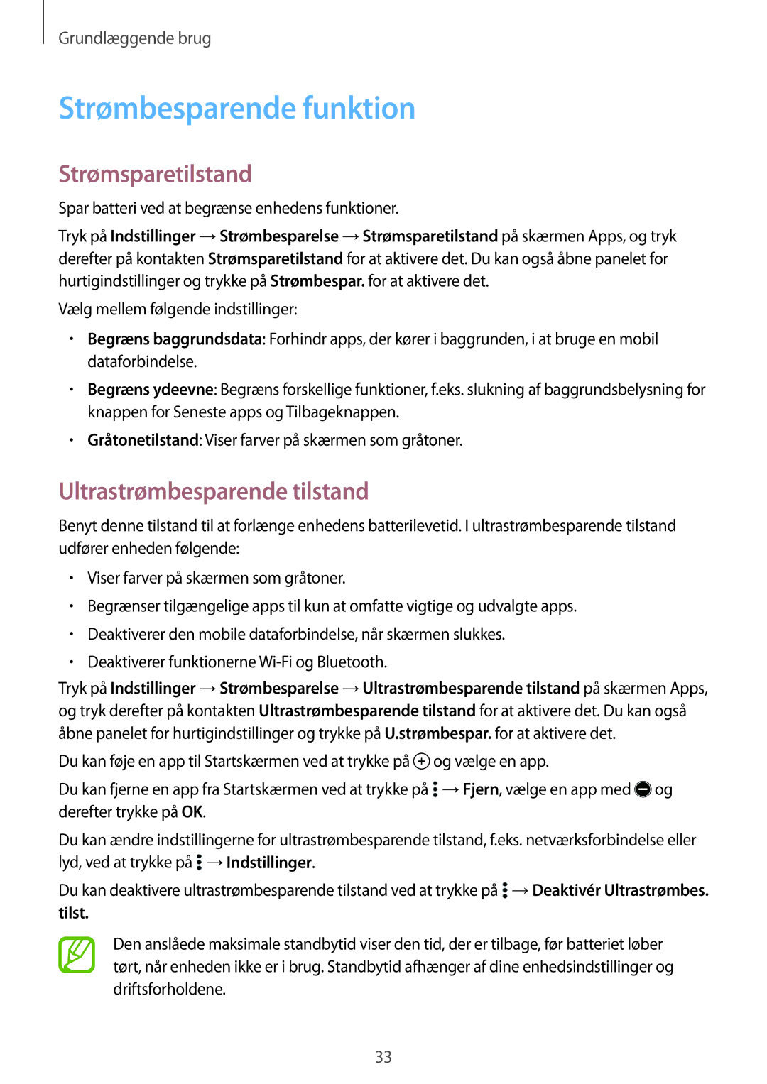 Samsung SM-A300FZWUHTS, SM-A300FZKUNEE Strømbesparende funktion, Strømsparetilstand, Ultrastrømbesparende tilstand, Tilst 