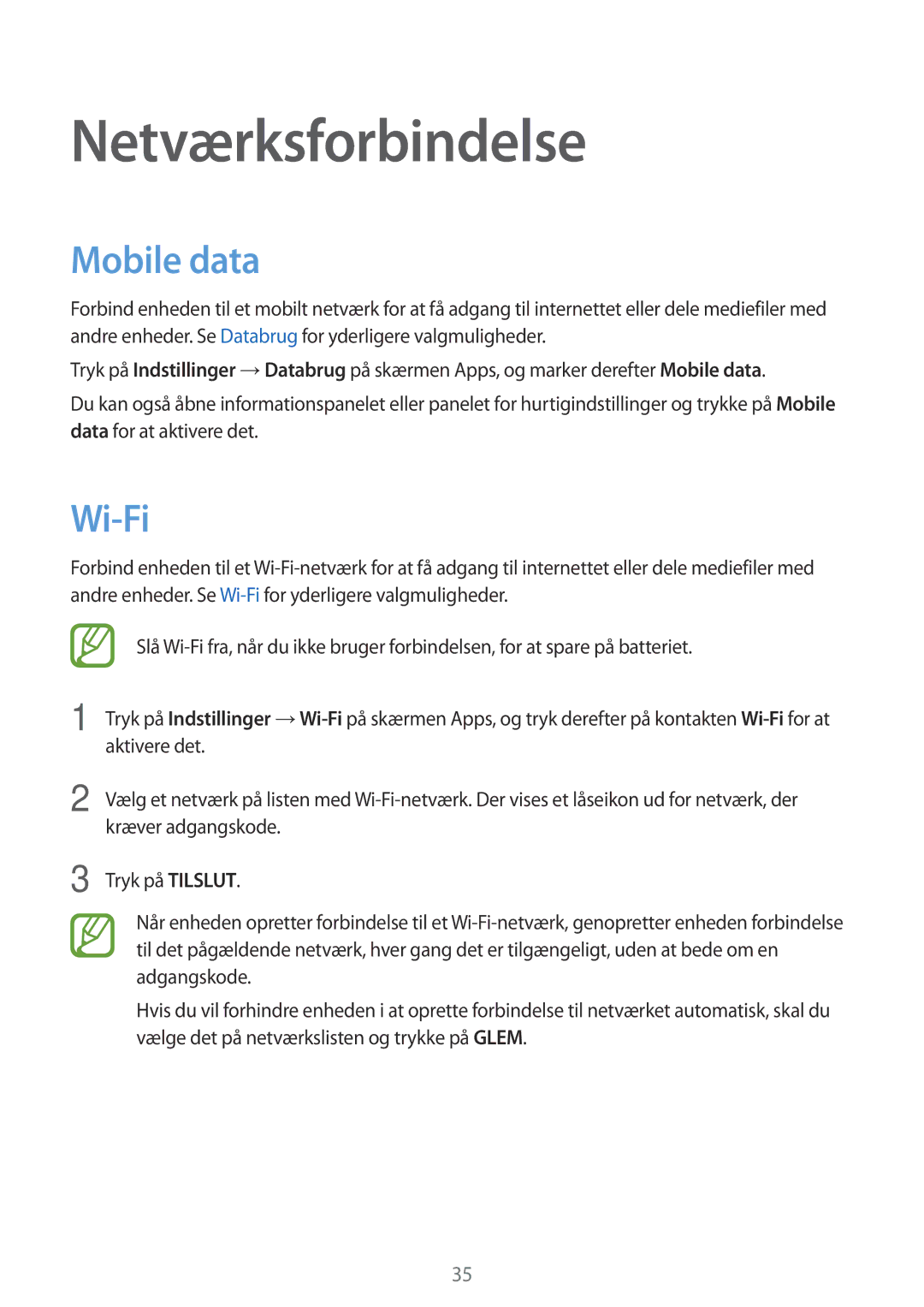 Samsung SM-A300FZWUTEN, SM-A300FZKUNEE, SM-A300FZSUNEE, SM-A300FZBUNEE manual Netværksforbindelse, Mobile data, Wi-Fi 