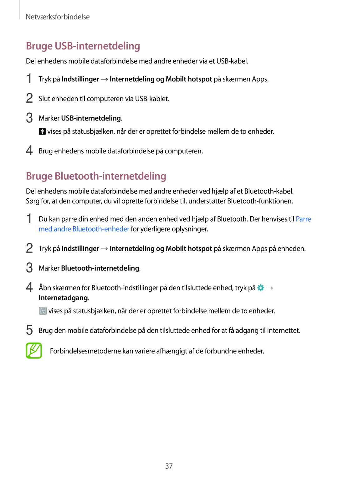 Samsung SM-A300FZBUNEE, SM-A300FZKUNEE Bruge USB-internetdeling, Bruge Bluetooth-internetdeling, Marker USB-internetdeling 