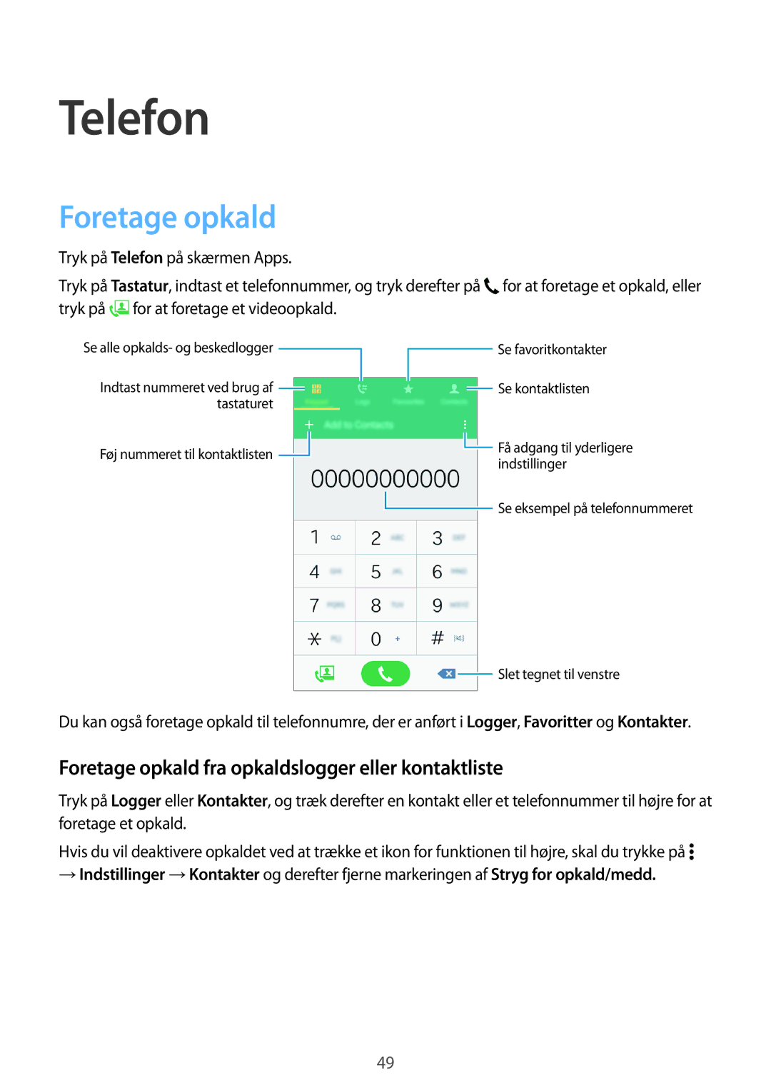 Samsung SM-A300FZKUVDS, SM-A300FZKUNEE, SM-A300FZWUTEN Telefon, Foretage opkald fra opkaldslogger eller kontaktliste 