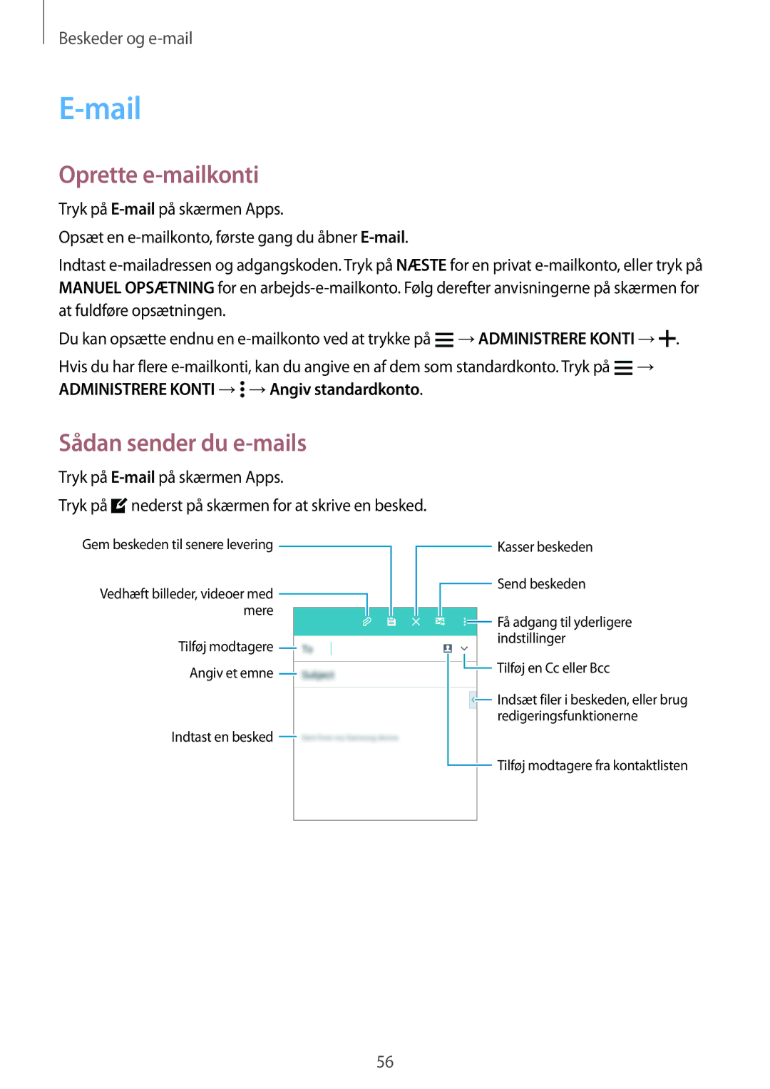 Samsung SM-A300FZKUHTS, SM-A300FZKUNEE, SM-A300FZWUTEN, SM-A300FZSUNEE Mail, Oprette e-mailkonti, Sådan sender du e-mails 