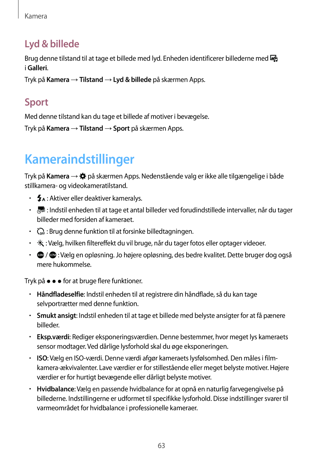 Samsung SM-A300FZIUNEE, SM-A300FZKUNEE, SM-A300FZWUTEN, SM-A300FZSUNEE manual Kameraindstillinger, Lyd & billede, Sport 